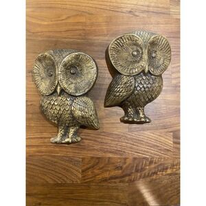 Pair Vintage Retro Mid Century Chalkware Owls Wall Plaques Chalk 9" x 6"‎